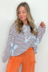 Gray Striped Star Patch Drop Shoulder Long Sleeve Top