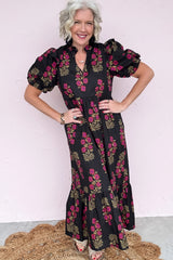 Black Floral Short Bubble Sleeve Tiered Maxi Dress