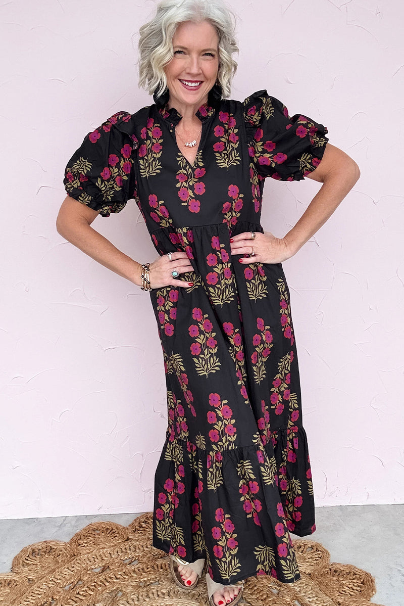 Black Floral Short Bubble Sleeve Tiered Maxi Dress
