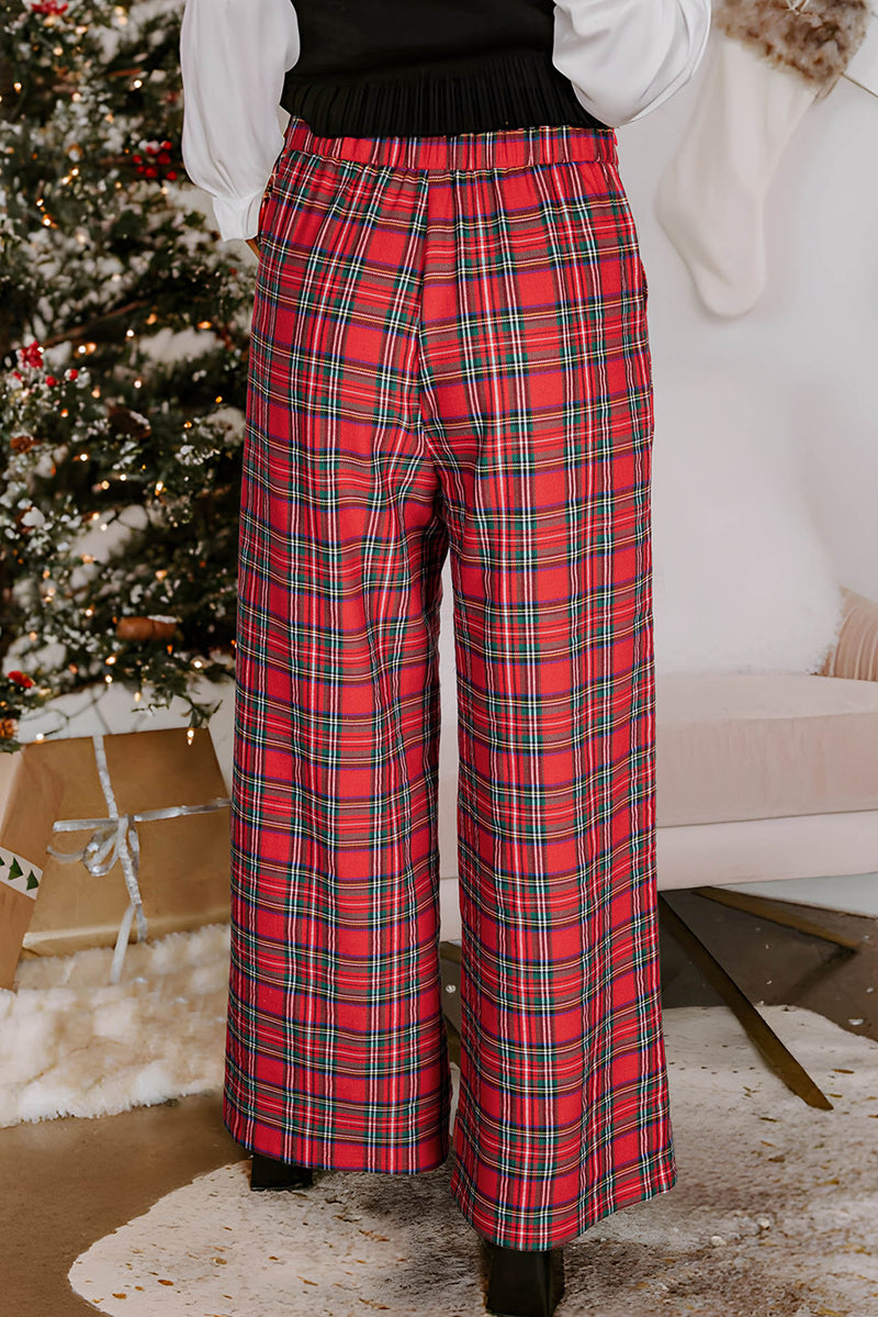 Red Christmas Plaid Wide Leg Pull-On Pants