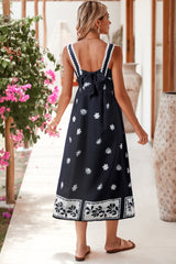 Black Floral Sleeveless High Waist Midi Dress