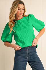 Phalaenopsis Solid Textured O Neck Puff Sleeve Blouse