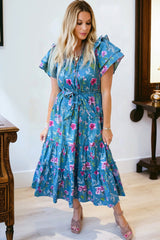 Blue Floral Flutter Sleeve Button Tie Split Neck Belted Long Dress
