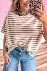 Khaki Stripe Leopard Patchwork Round Neck Loose T Shirt