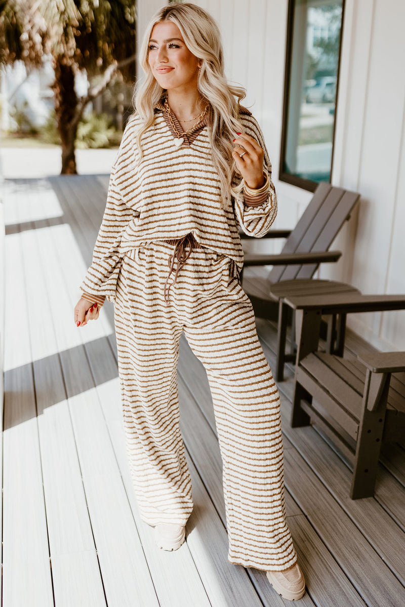 Khaki Stripe Textured Collared Pullover Top and Drawstring Pants Set