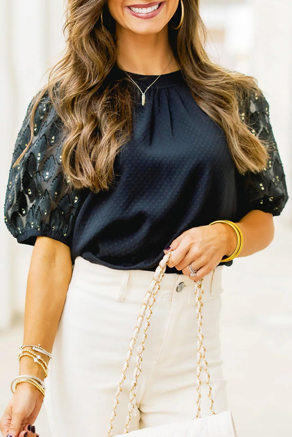 Black Bubble Sleeve Patchwork Textured Top