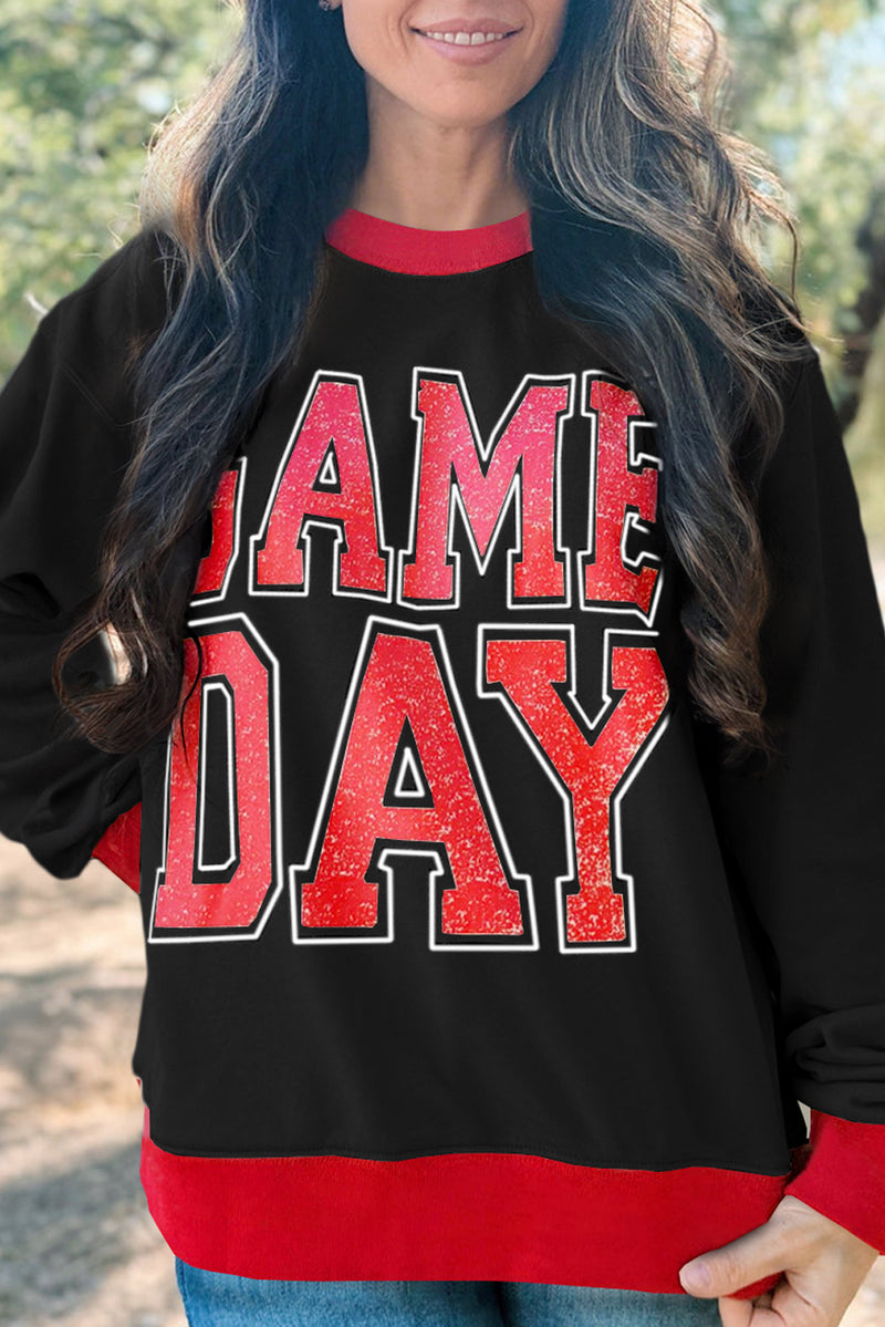 White GAME DAY Letter Contrast Trim Baggy Sweatshirt