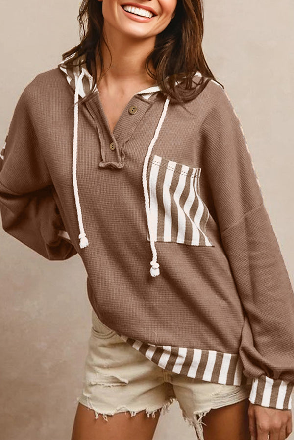 Straw Yellow Waffle Texture Striped Patchwork Drawstring Henley Hooded Top