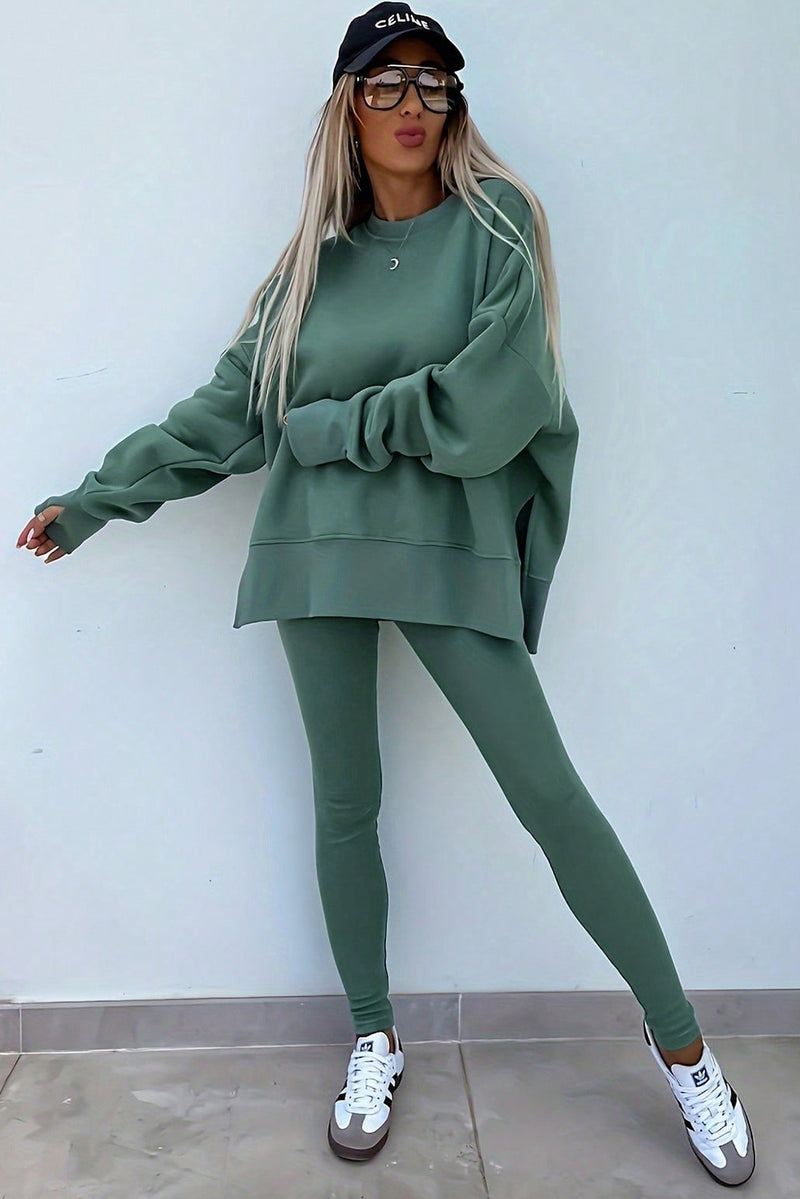 Orchid Mist Solid Color Oversized Slit Sweatshirt Ribbed Leggings Set