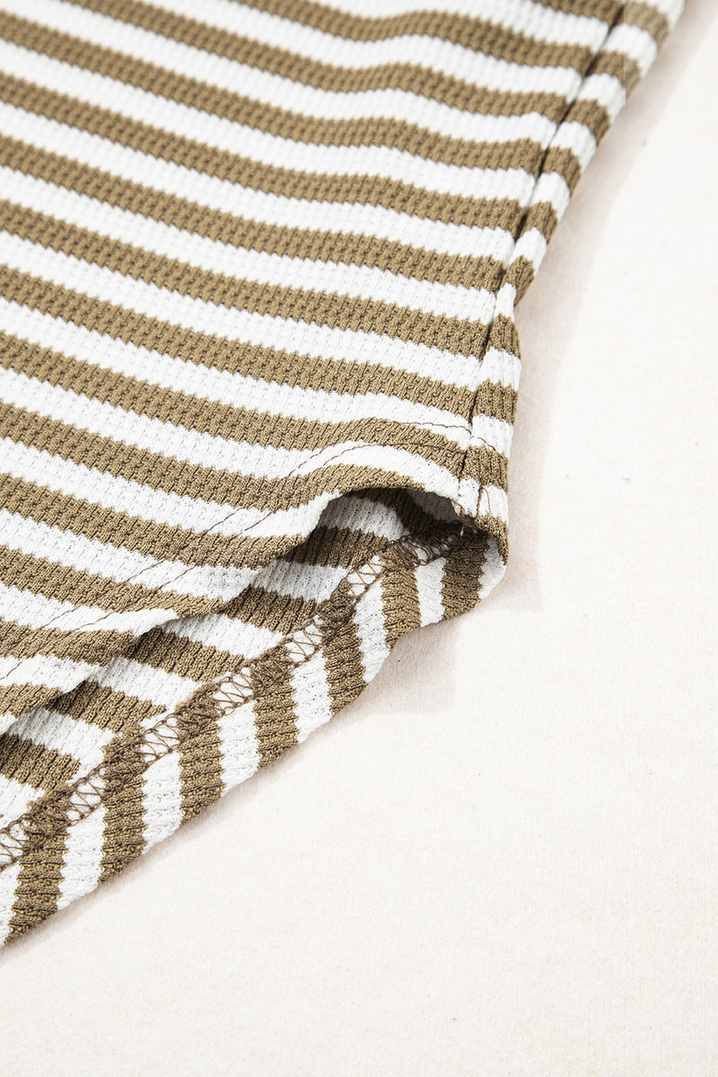 Khaki Stripe Patchwork Knit Drop Shoulder Top