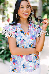 Light Blue Floral Print Ruffle Flutter Sleeve V Neck Blouse