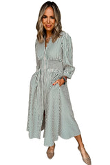 Green Striped V Neck Zip Front Cinched High Waist Midi Dress