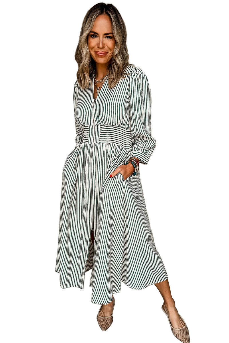Green Striped V Neck Zip Front Cinched High Waist Midi Dress