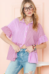 Pink Striped Patchwork Ruffle Button Up Shirt