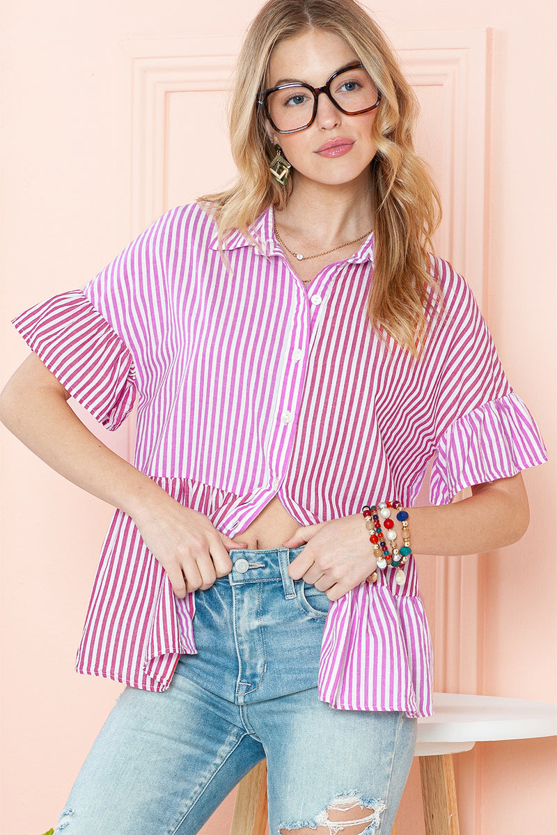 Pink Striped Patchwork Ruffle Button Up Shirt