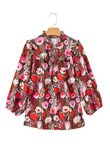 Red Floral 3/4 Sleeve Lace-up Neck Blouse