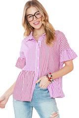 Pink Striped Patchwork Ruffle Button Up Shirt