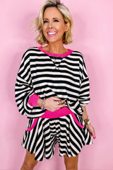 Black Stripe Contrast Trim Long Sleeve Top and Shorts Set
