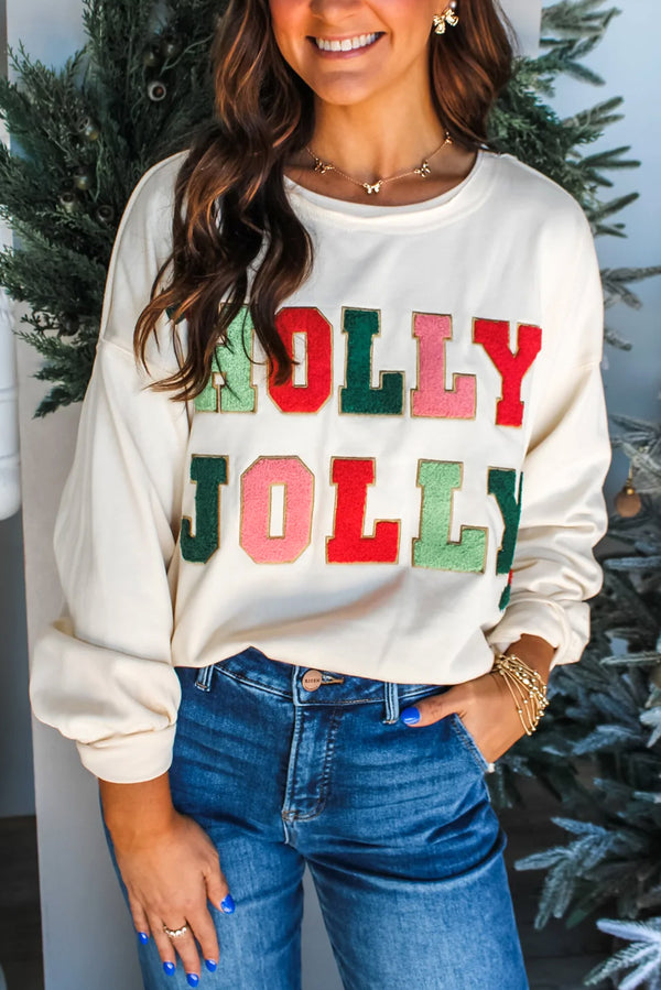White Cream Collage Letter Christmas Pullover Sweatshirt