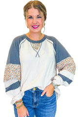White Waffle Floral Patchwork Raglan Sleeve Exposed Seam Top