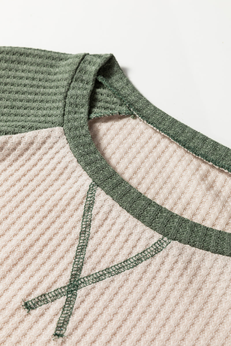 Mist Green Waffle Color Block Raglan Sleeve Top