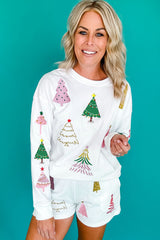White Christmas Tree Long Sleeve Top and Shorts Pajama Set