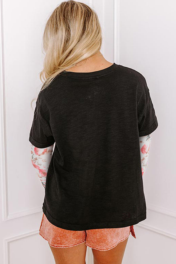White Floral Mesh Patchwork Sleeve Fake Two-Piece Top