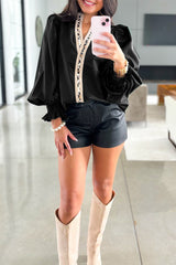 Evergreen Puffy Flounce Sleeve Leopard Trim V Neck Blouse