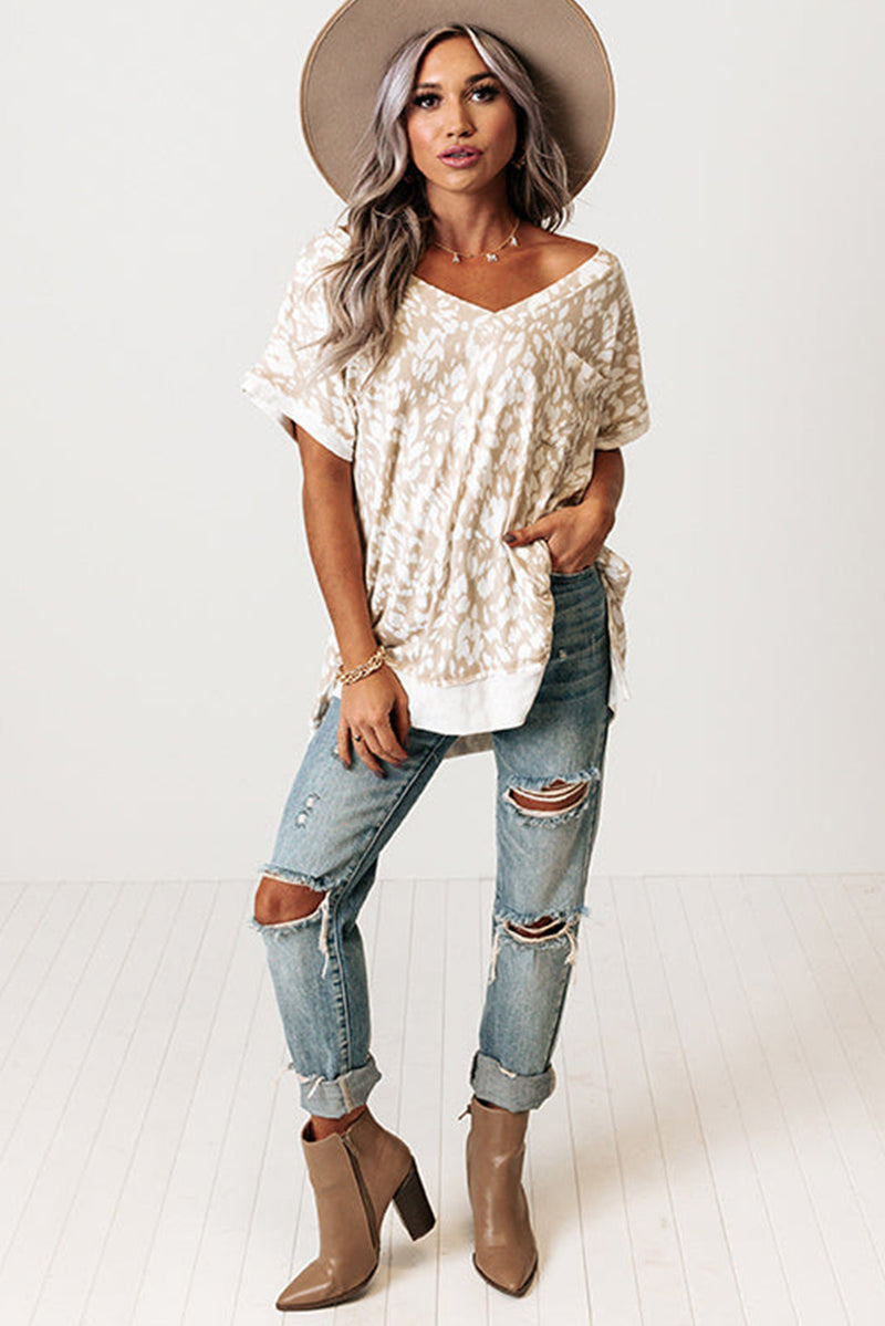 Khaki Leopard Print V Neck Side Slit Loose Fit T-Shirt