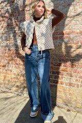 Khaki Plaid Stand Neck Button Down Vest