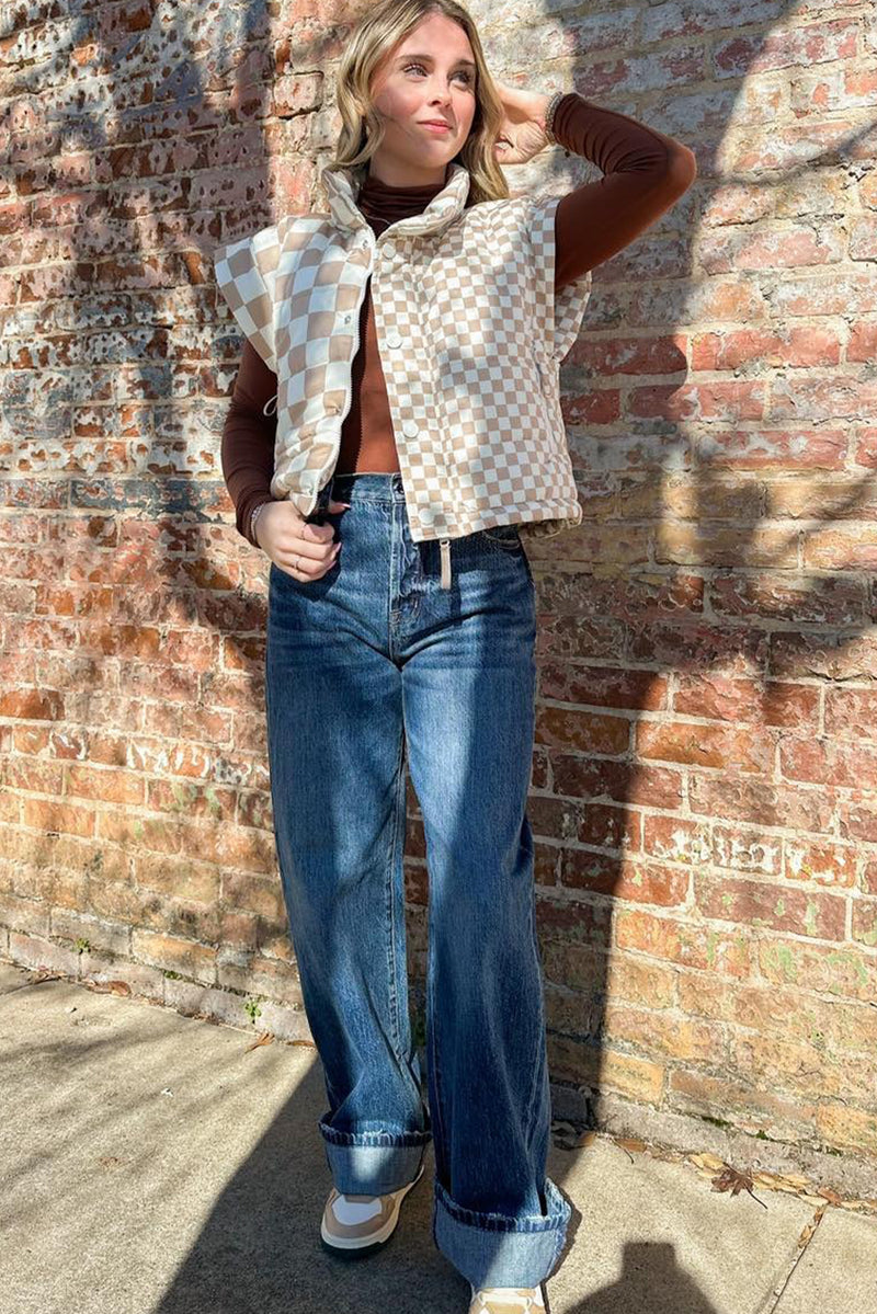 Khaki Plaid Stand Neck Button Down Vest