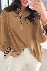Camel Leopard Contrast V Neck Long Sleeve Blouse