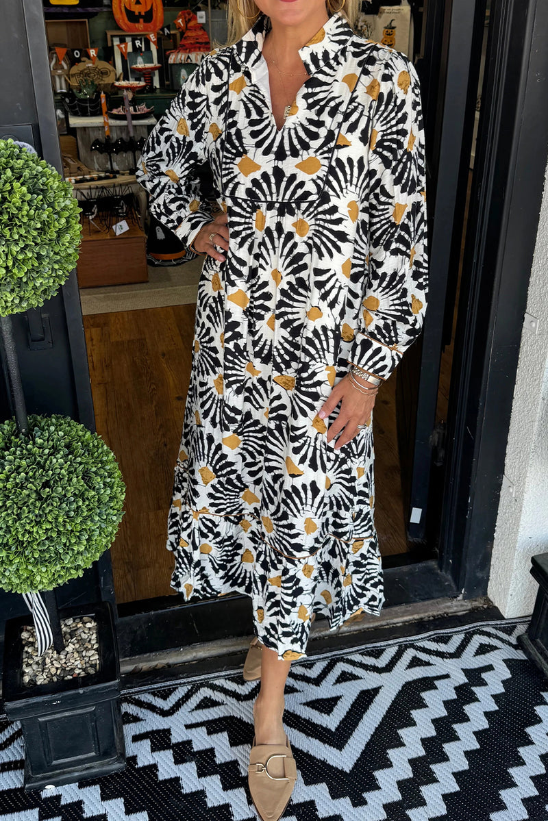 Black Abstract Floral Print Split V Neck Long Dress with Sleeves