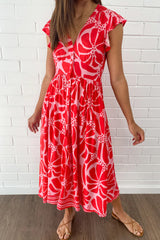 Red Boho Floral V-Neck Ruffle Shoulder Maxi Dress