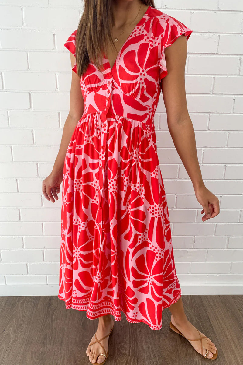Red Boho Floral V-Neck Ruffle Shoulder Maxi Dress