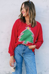 Fiery Red Plaid Frayed Christmas Tree Patched Drop Shoulder Sweatshirt
