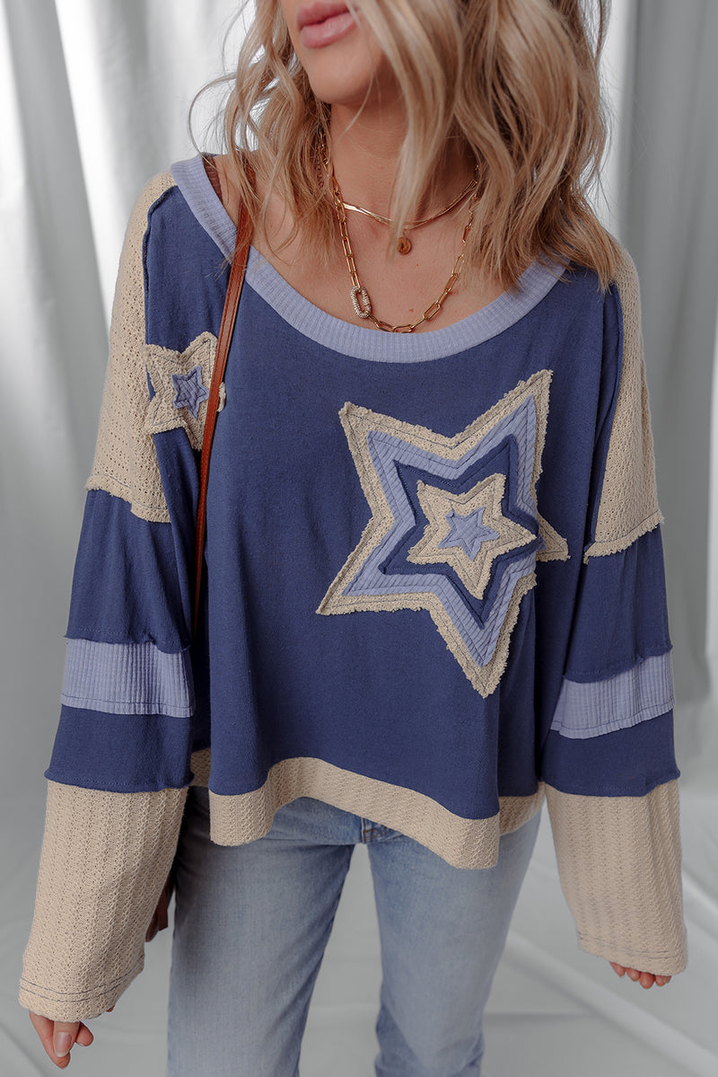 Dark Blue Knitted Colorblock Patchwork Star Patched Long Sleeve Top