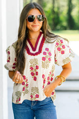 White Floral Short Bubble Sleeve Contrast Slit Neckline Blouse