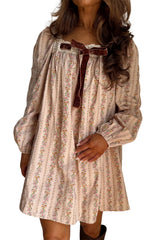 Khaki Velvet Bow Front Floral Print Long Sleeve Short Dress