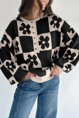 Red Dahlia Flower Colorblock Checkered Henley Sweater
