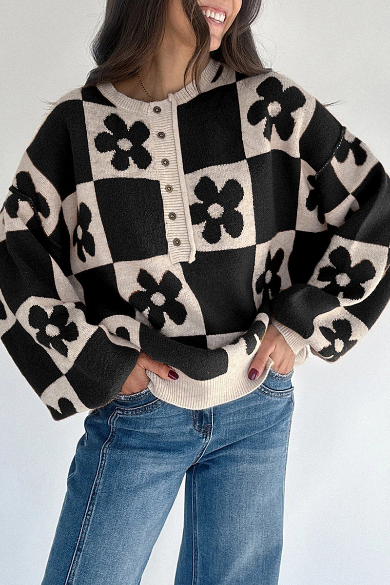 Red Dahlia Flower Colorblock Checkered Henley Sweater