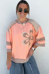 Grapefruit Orange Plaid Waffle Flower Patchwork Bracelet Sleeve Top