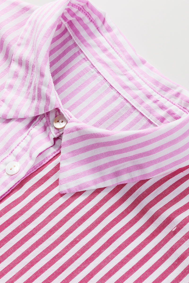 Pink Striped Patchwork Ruffle Button Up Shirt
