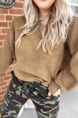 Dark Khaki Fuzzy Sherpa Splicing Pullover Sweatshirt