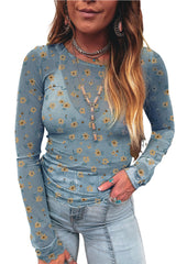 Pink Floral Print Mesh Slim Fit Long Sleeve Top