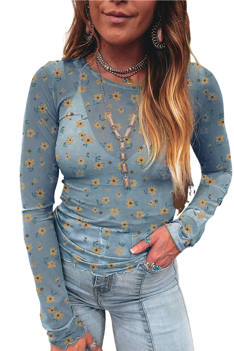 Pink Floral Print Mesh Slim Fit Long Sleeve Top