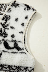 Beige Sherpa Paisley Print Pocketed Fashion Vest Jacket