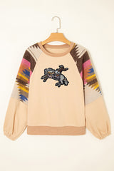 Light French Beige Sequined Rodeo Graphic Fashion Sweatshirt