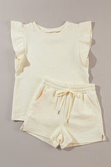 Black Textured Ruffle Sleeve Tee and Drawstring Shorts Set