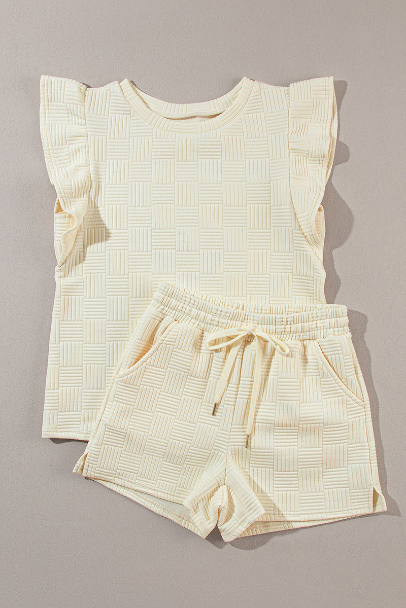 Black Textured Ruffle Sleeve Tee and Drawstring Shorts Set
